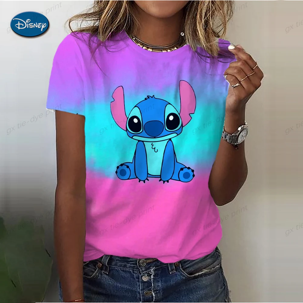 

2024 Disney Funny Stitch Maleficent Print Creative T-shirt Woman Disneyland 2024 Summer Short Sleeves Popular Clothes T Shirt