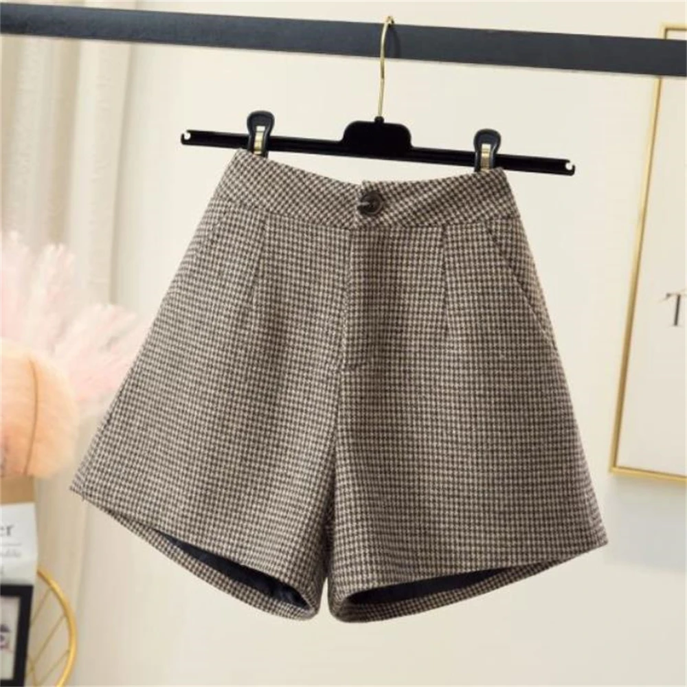 

Tweed Woolen Shorts Women 2024 Autumn Winter High Waist Belted Elegant Short Pants All-Match Ladies Slim Plaid Breechcloth Outer
