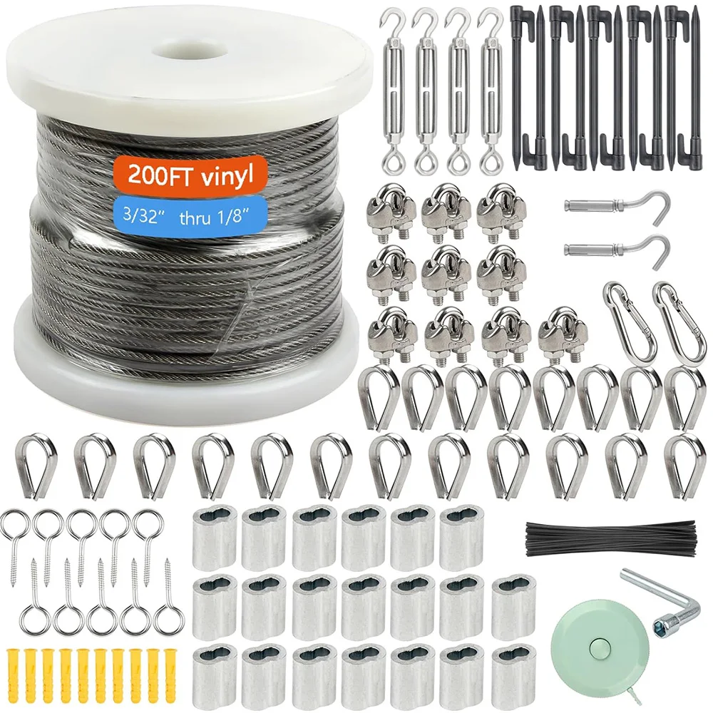 304 Stainless Steel Garden Wire Turnbuckle Tensioner Kit 200FT 1/8'' 3mm Cable Wire For Garden