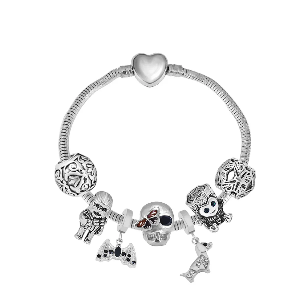 Siver Color Snake Bone Chain Women's Stainless Steel Bracelet DIY Disneyer Charm bat Beaded Pendant  Wedding Party Holiday Gift