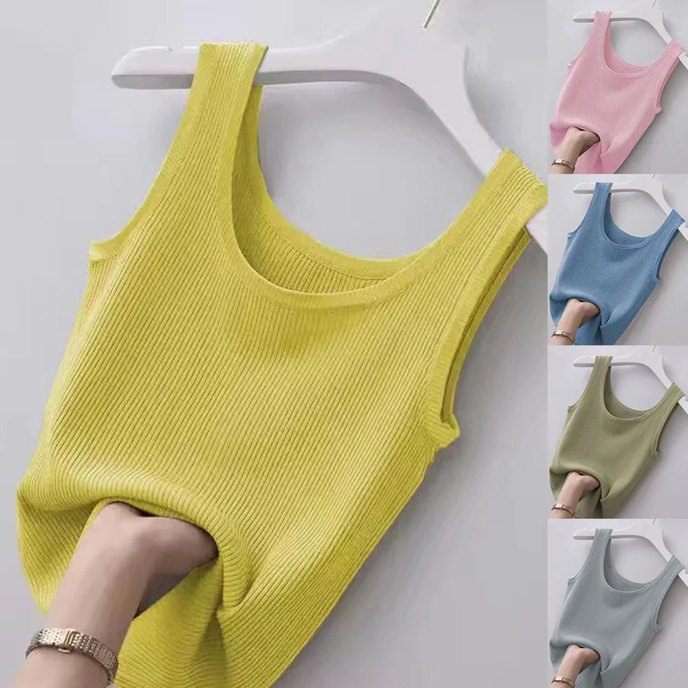 

Summer Basic Knitted Tank Top Solid Color Round Neck Crop Tops Women Sexy Sleeveless Camisole T-Shirt Girls Streetwear Tees