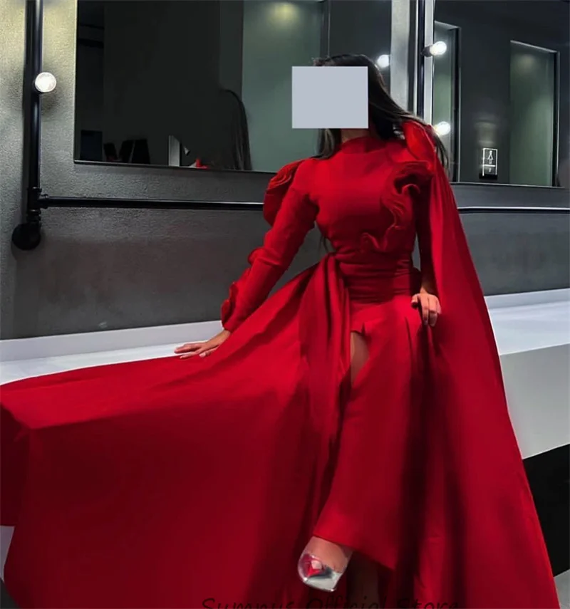 SUMNUS Vintage Red Mermaid Evening Dress Ruffles Long Sleeves Saudi Arabic Prom Party Dress Skirt Dubai Formal Gown