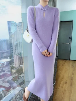 100% Pure Mink Cashmere Knitted Dress Women Stand Up Collar Button Long Skirts Casual High Waist Over Knee Dress New Thick Skirt 1