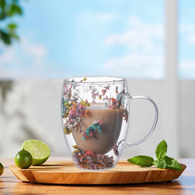 Double Wall Insulated Floral Glass Coffee Mugs