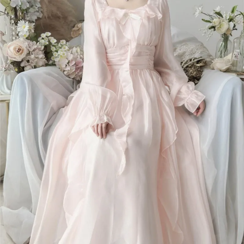 

Gentle First Love Square Collar Ruffled Pearl Powder Super Fairy Solid Color Girl Dress