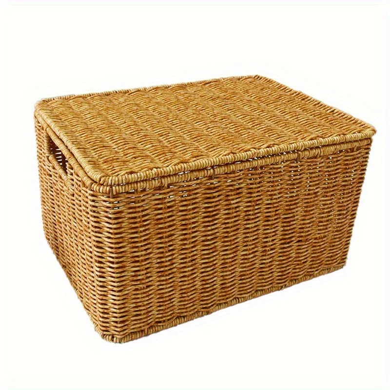 Rural Woven Storage Basket with Lid - Stylish and Durable Wardrobe Organizer - Suitable for Bathroom, Bedroom, Kitchen, and Home