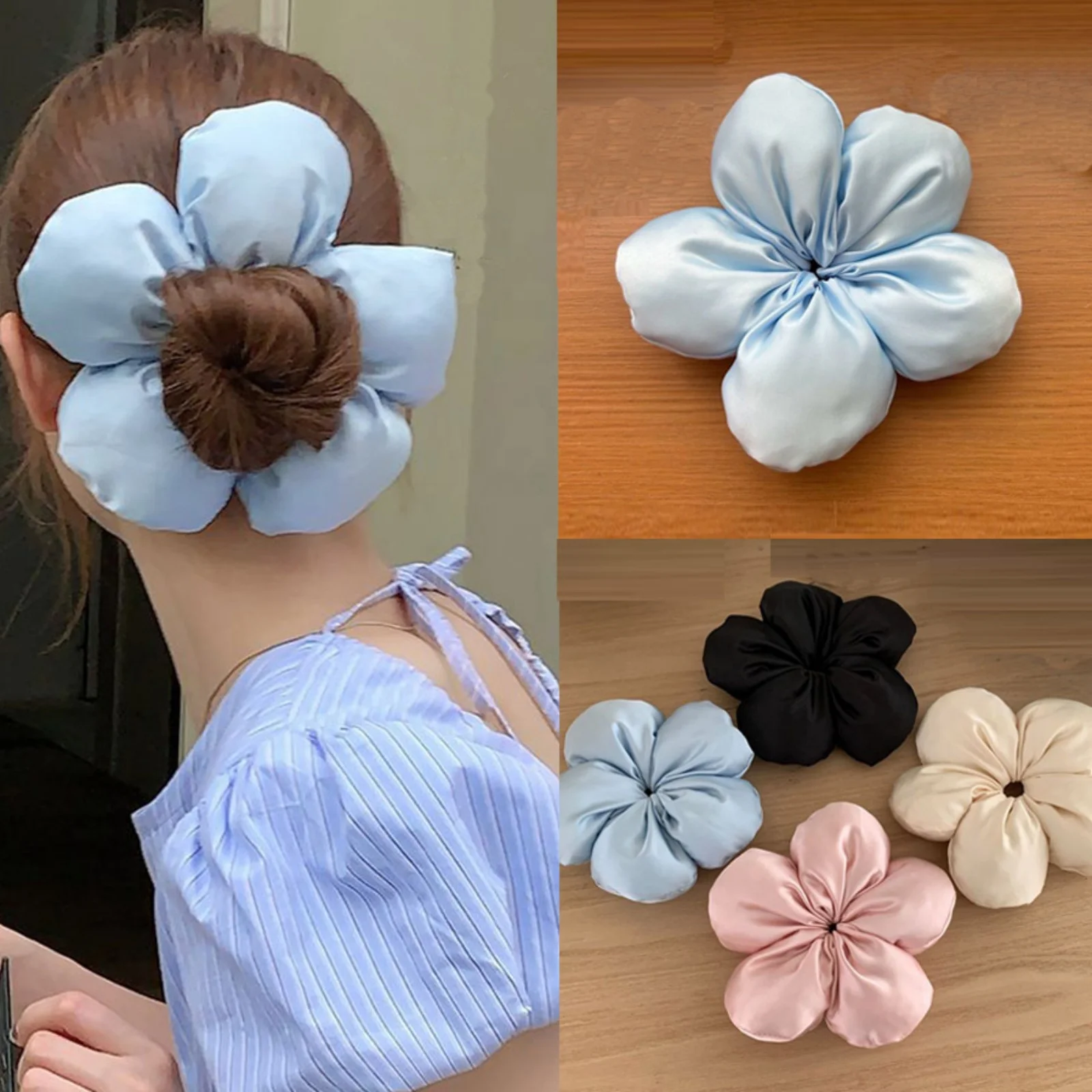 1PC　Large Satin Flower Hair Scrunchies,Chic Blossom - Shaped Hair Ties,Multiple Colors for Women's Stylish Updos