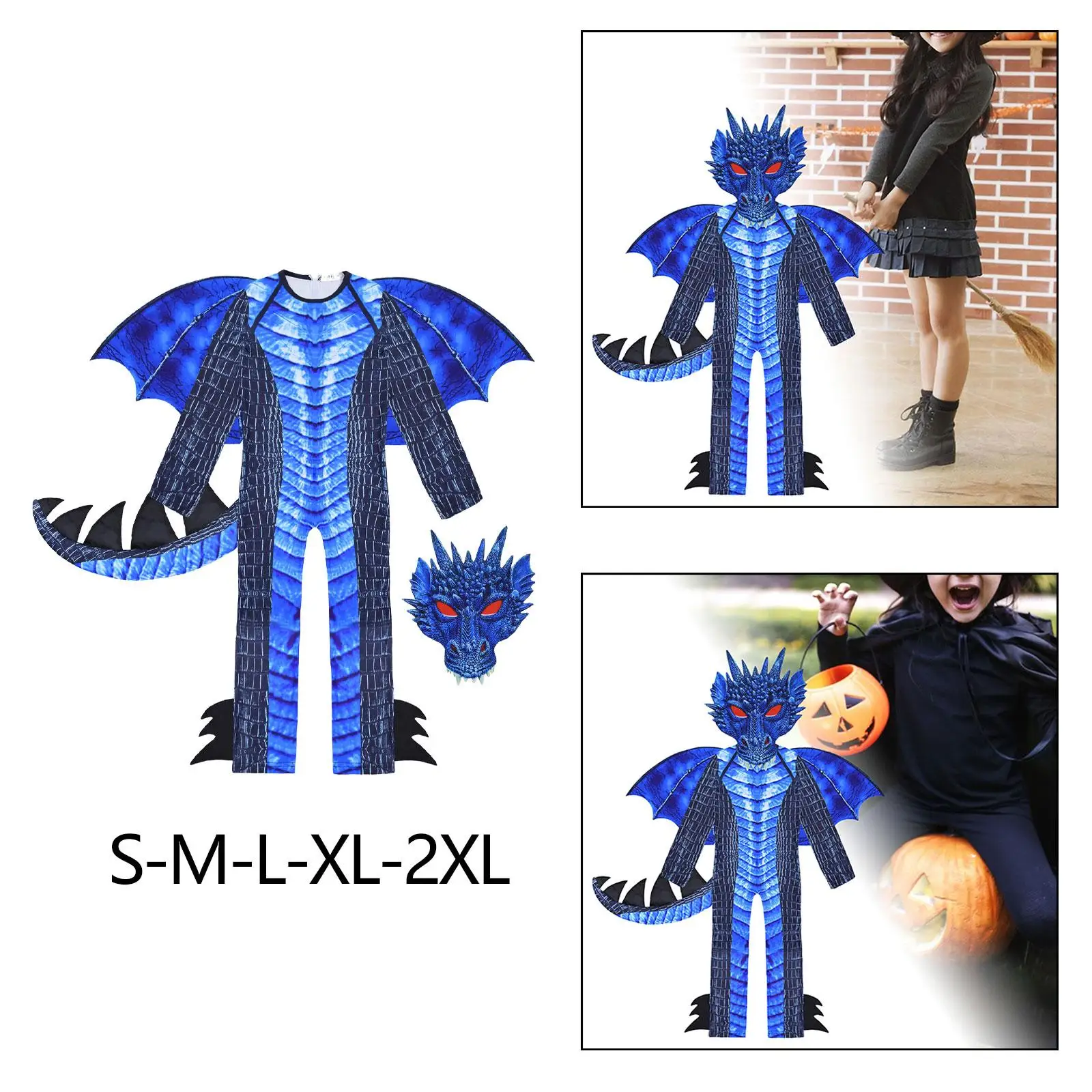 Kids Cosplay Costume Deadly Dragon Costume Role Play Halloween Imaginative Play Child Dragon Wing Tail Mask Set for Masquerade Carnivals Photo Props