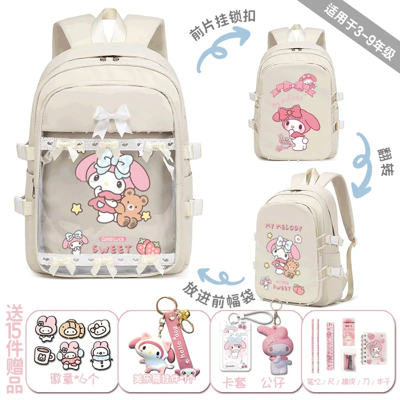 

Sanrio Новинка, школьный портфель для студентов Melody, повседневный и легкий вместительный рюкзак через плечо, милый мультяшный рюкзак