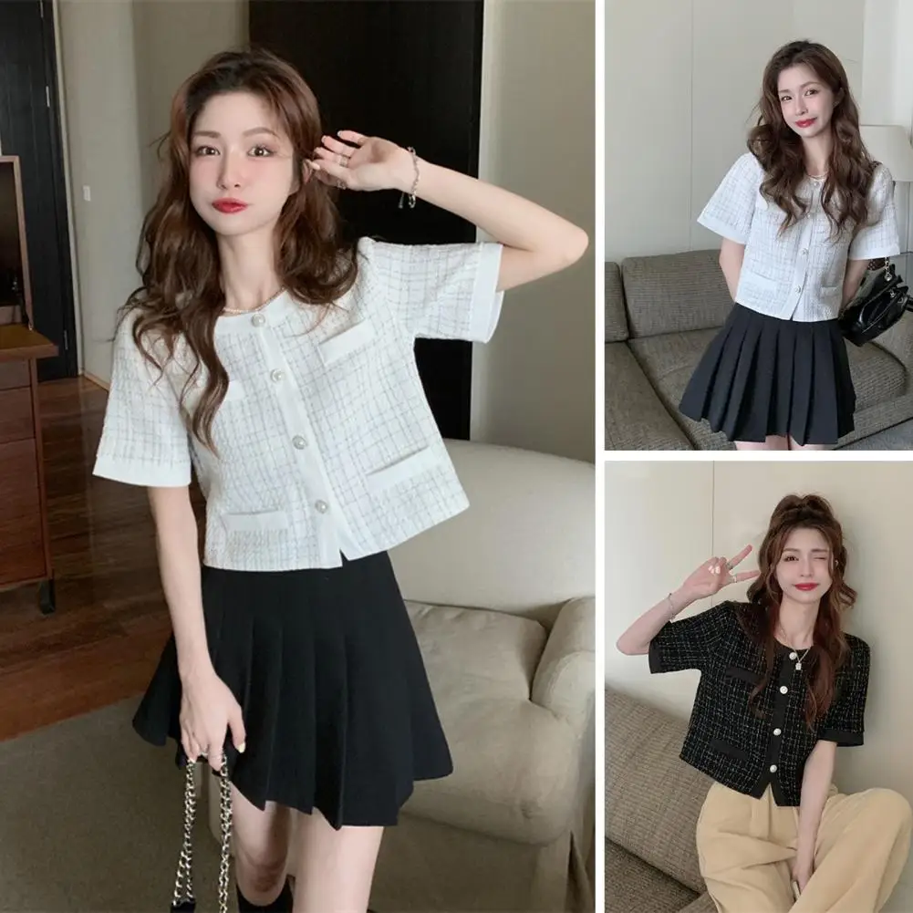

Women Solid Color Coat Short Women Coat Style Check Print Summer Coat Loose Single-breasted Lady Prom Jacket Chic Trendy Elegant