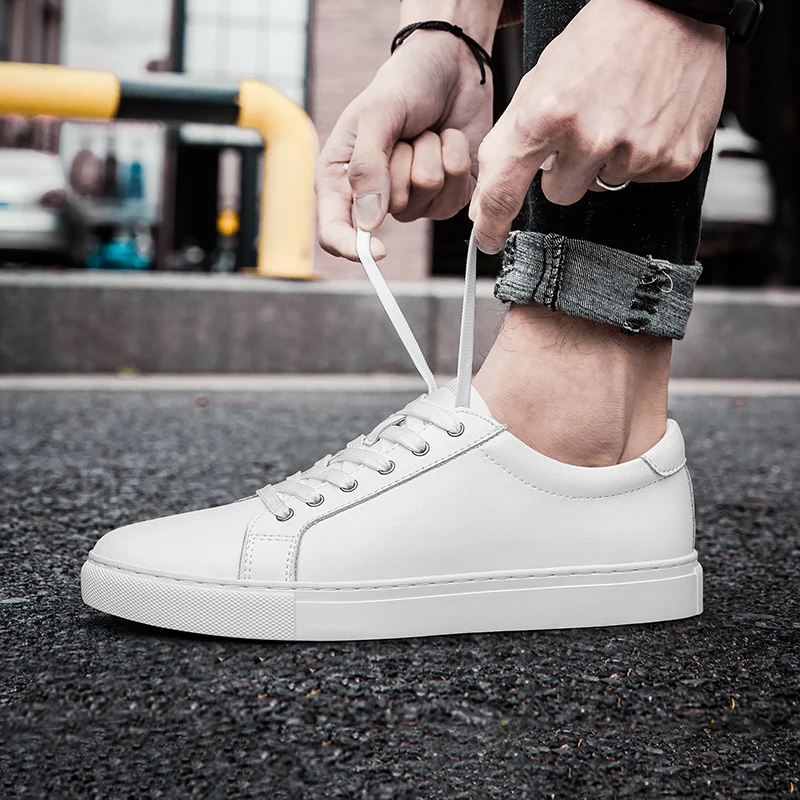 Handmade Black Leather Casual Sneakers - Mens Autumn Flats