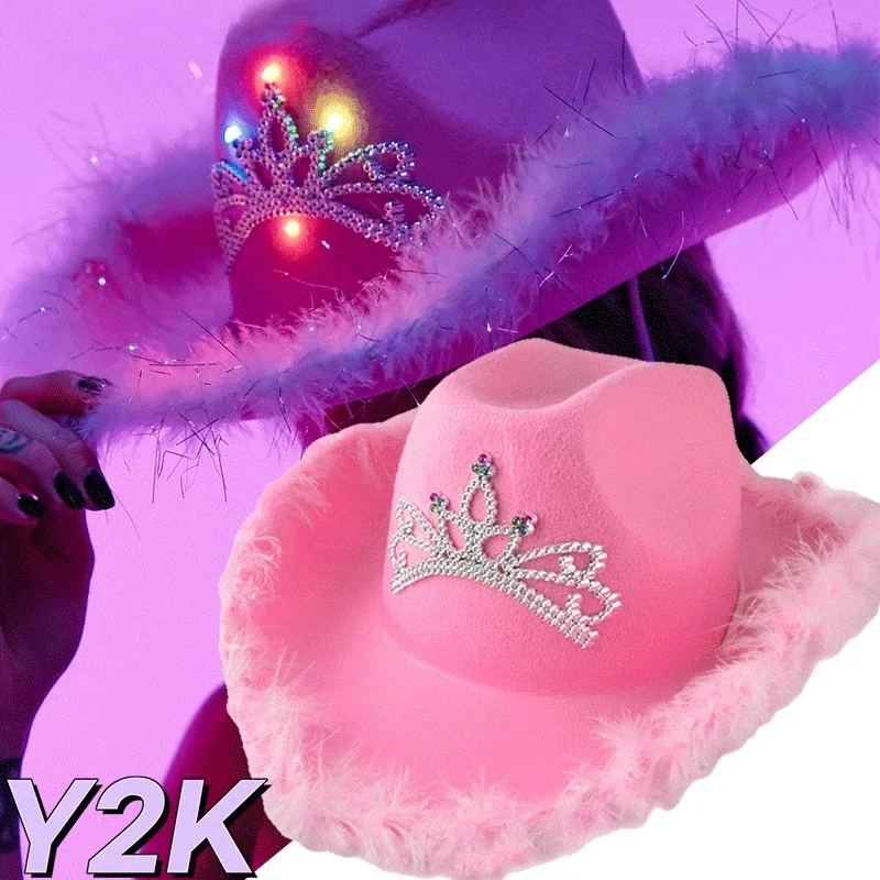 Women's West Cowgirl Hat Girls Tiara Feather Felt Western Sequin Cowboy Cap Costume Party Dress Jazz Caps Cosplay Props cowgirl hats