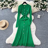 YuooMuoo Brand Fashion Aesthetic Patchwork Knitted Maxi Dress Autumn Winter Women Luxury Shirt Sweater Dress Office Lady Vestido - Image 2