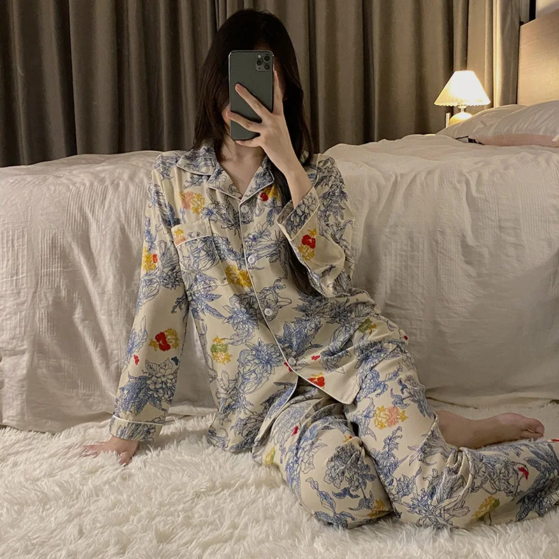 Women 2 Piece Pajamas Sets Floral Flower Pijama Faux Silk Satin Lapel Pyjama Female Sleepwear Long Sleeve Shirt Pants Homewear