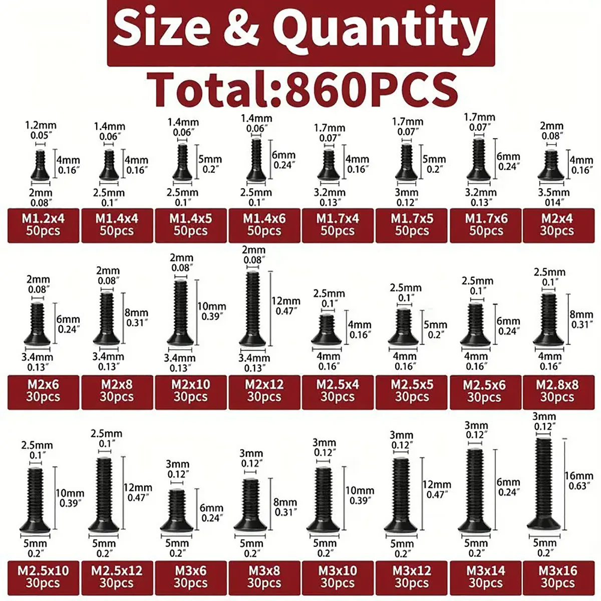 860개 소형 컴퓨터 나사 모음 키트 M1.2 M1.4 M1.7 M2 M2.5 M3 PC 노트북 SSD 하드 드라이브 나사 검정색 작은 안경 나사