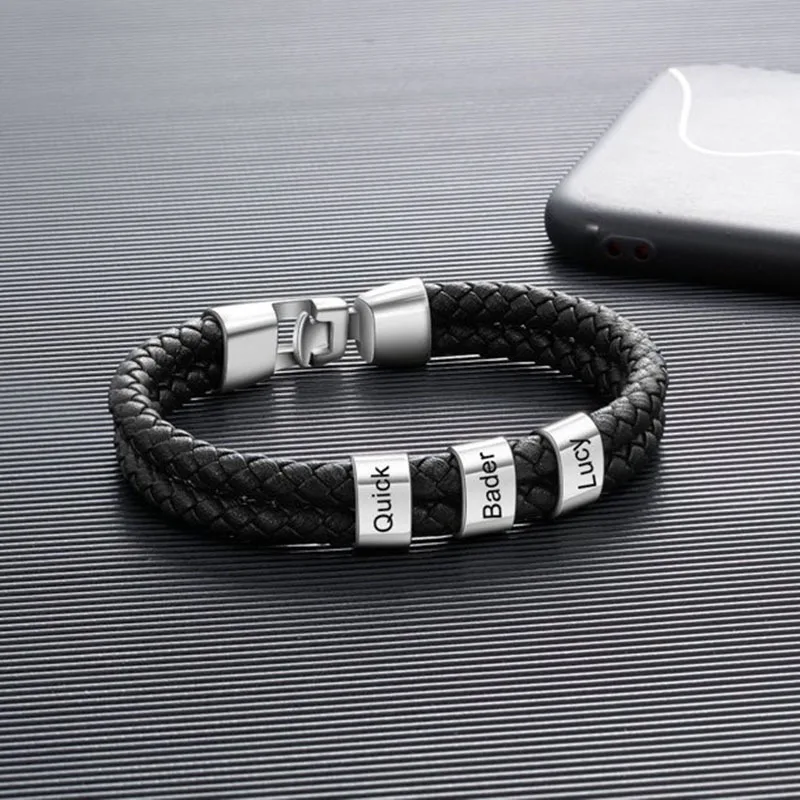 Custom Name Double Layer Leather Men Bracelet Engraving Stainless Steel Beads Family Name Bracelet For Men Jewelry Gift