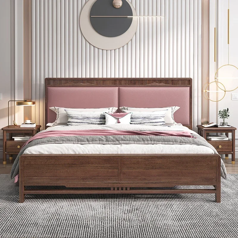 

Private custom New Chinese-style solid wood bed double bed master bedroom simple modern walnut storage soft package wedding bed