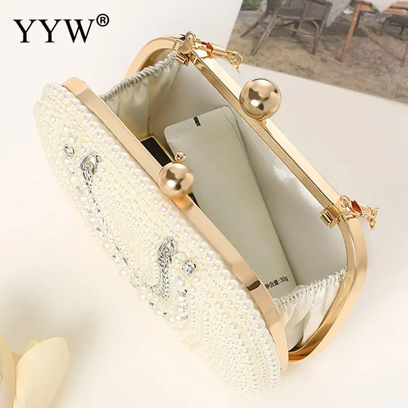 Elegant Plastic Pearl Women Evening Party Handbag Crystal Beading Bridal Wedding Party Bags Female Metal Chain Crossbody Purse