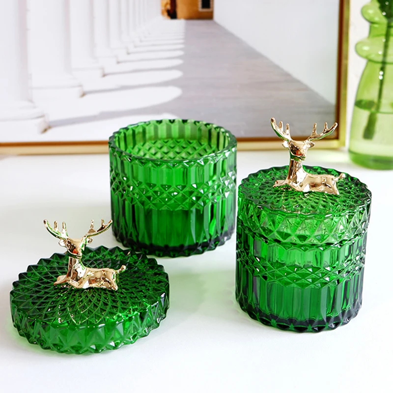 French Elk Glass Storage Jar Luxury Green Jewelry Cotton Swab Box Desktop Small Object Aromatherapy Candle Bottle Decor