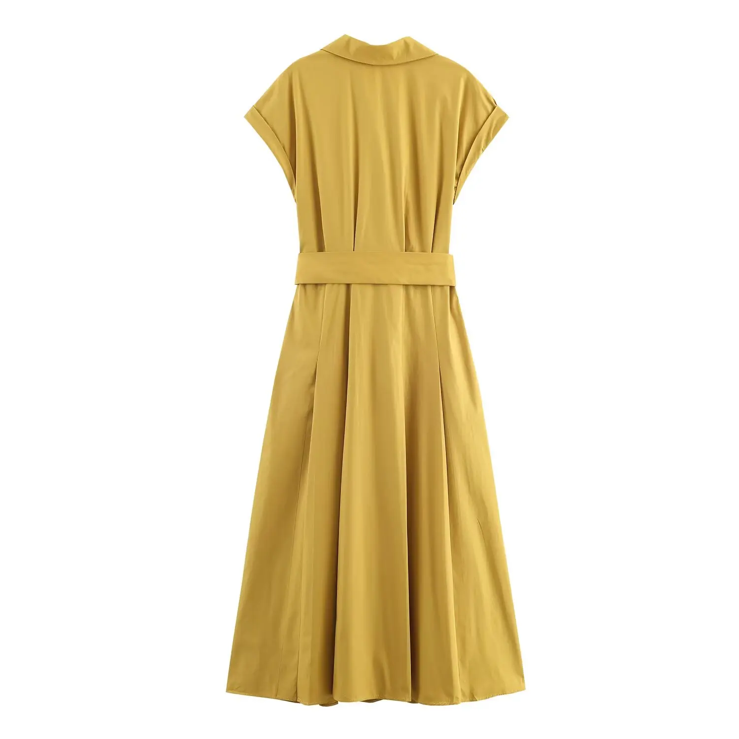 Female Elegant Yellow Midi Dress With Button Belt Pocket Slim Long Dress Spring Autumn Fashion Party Dinner Holiday Women Dress