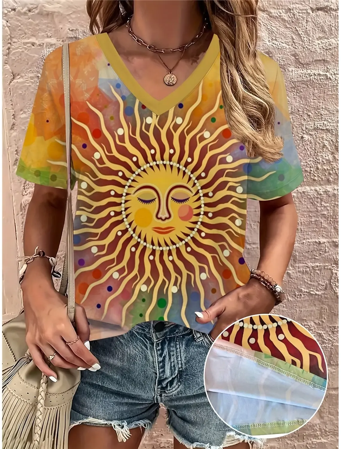 2025 Ethnic Women's T-Shirt Vintage Graphics Fashion Short Sleeved V-Neck Regular Tops Daily Print Tee Summer Spring Casual Tops 3