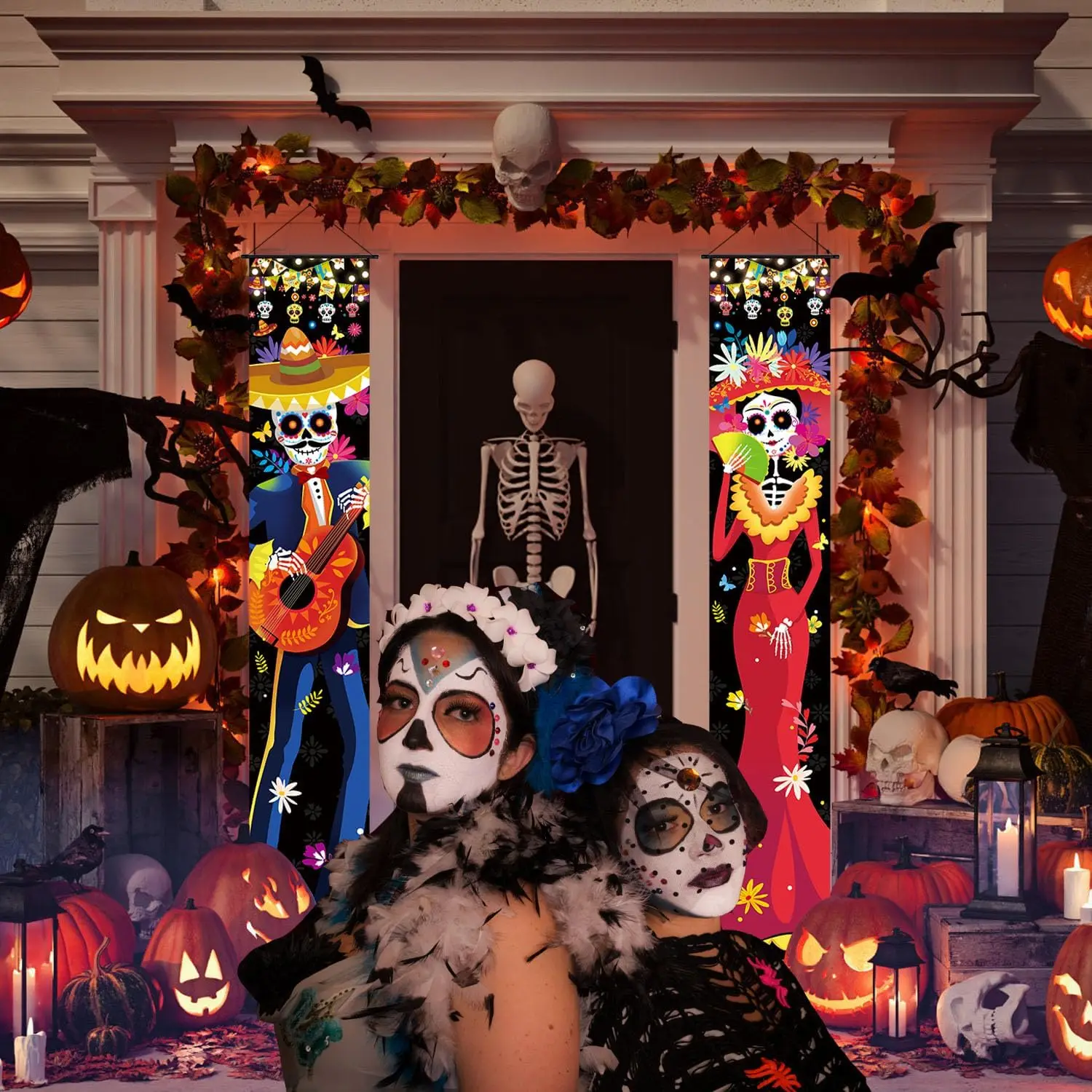 Bannière De Porche Jour Des Morts - Décorations Halloween Mexicaines, Tissu Polyester 180x30 Cm, Avec Crânes, Accueil Suspendu