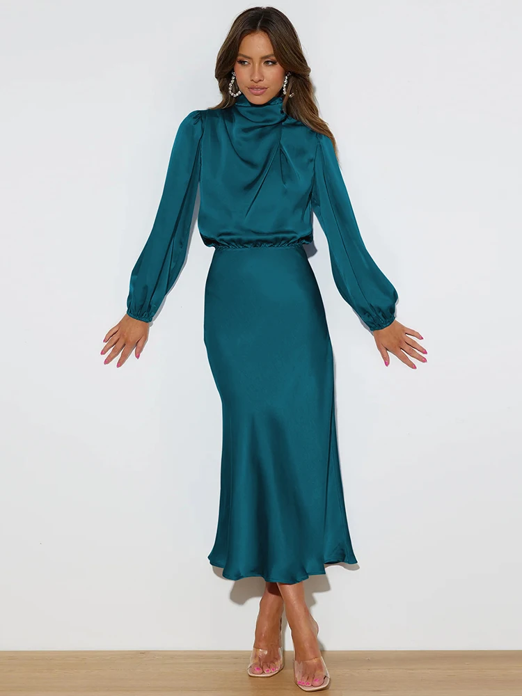 Satin Long Sleeve High Neck Dress 3