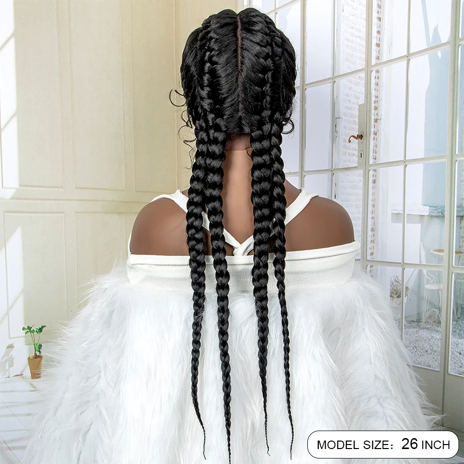 26 Inches Short Box Braids Lace Frontal Wig African Synthetic 4 Braid Wig with Baby Hair for Afro France Women Box Braid Wig
