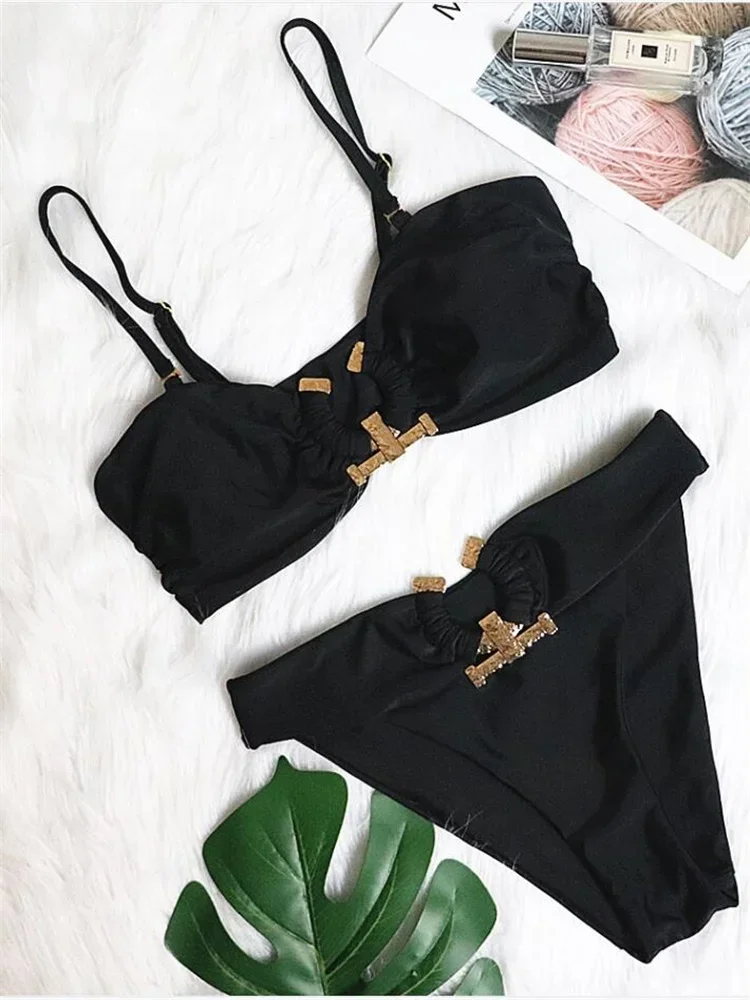 Sexy Black Bikini 2025 Women Bandeau High Cut Push Up Padded Luxury Solid Rhinestone Swimwear Brazilian Bathing Suit Swimsuit