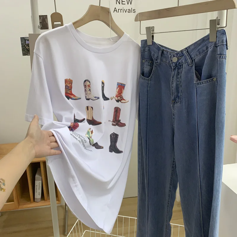 1pcs nine boots Western T-Shirt Women T Shirt Summer Loose Vintage Boho Texas T Shirt Cowgirl Cowboy Cute Graphic Tees945_voghion.com