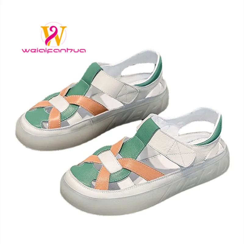 

Sandals Women's Flat Beach Shoes Summer 2023 New First Layer Cowhide Comfortable Pregnant Women Wear Color-block Women's Sandals