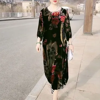 Female Clothing Vintage Floral Printed Dresses Spring Summer 3/4 Sleeve Stylish O-Neck Loose Straight Commute Long Dress XQ158 1