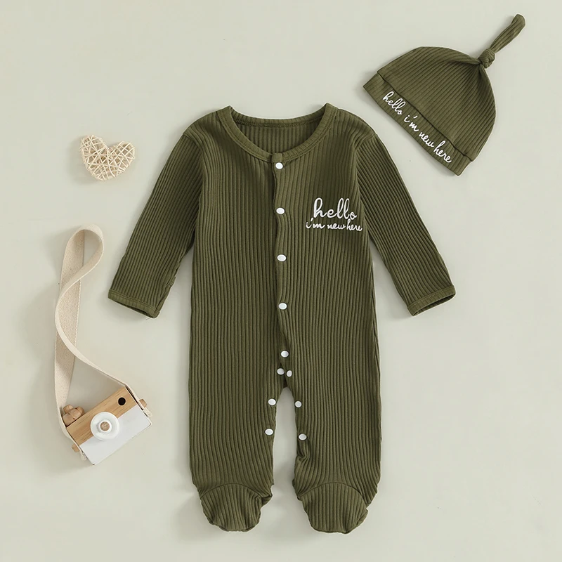Baby Boy Footie Romper Casual Letter Print Long Sleeve Ribbed Jumpsuit with Cute Hat Set for Newborn Infant Fall Clothes