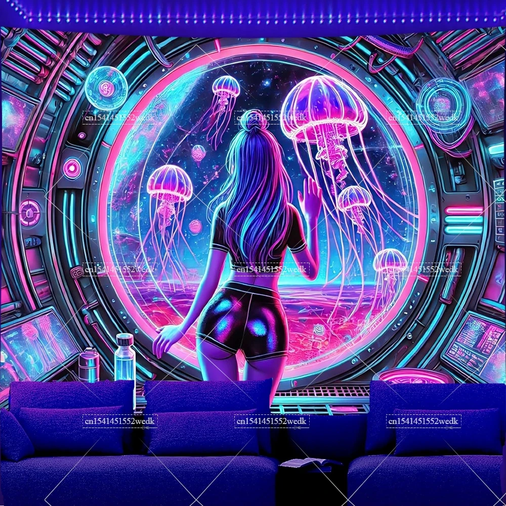 Blacklight Tapestry UV Reactive Glow In The Dark Smoking Jellyfish Girl Neon Tapestry Aesthetic Room Decor tapestry decorations