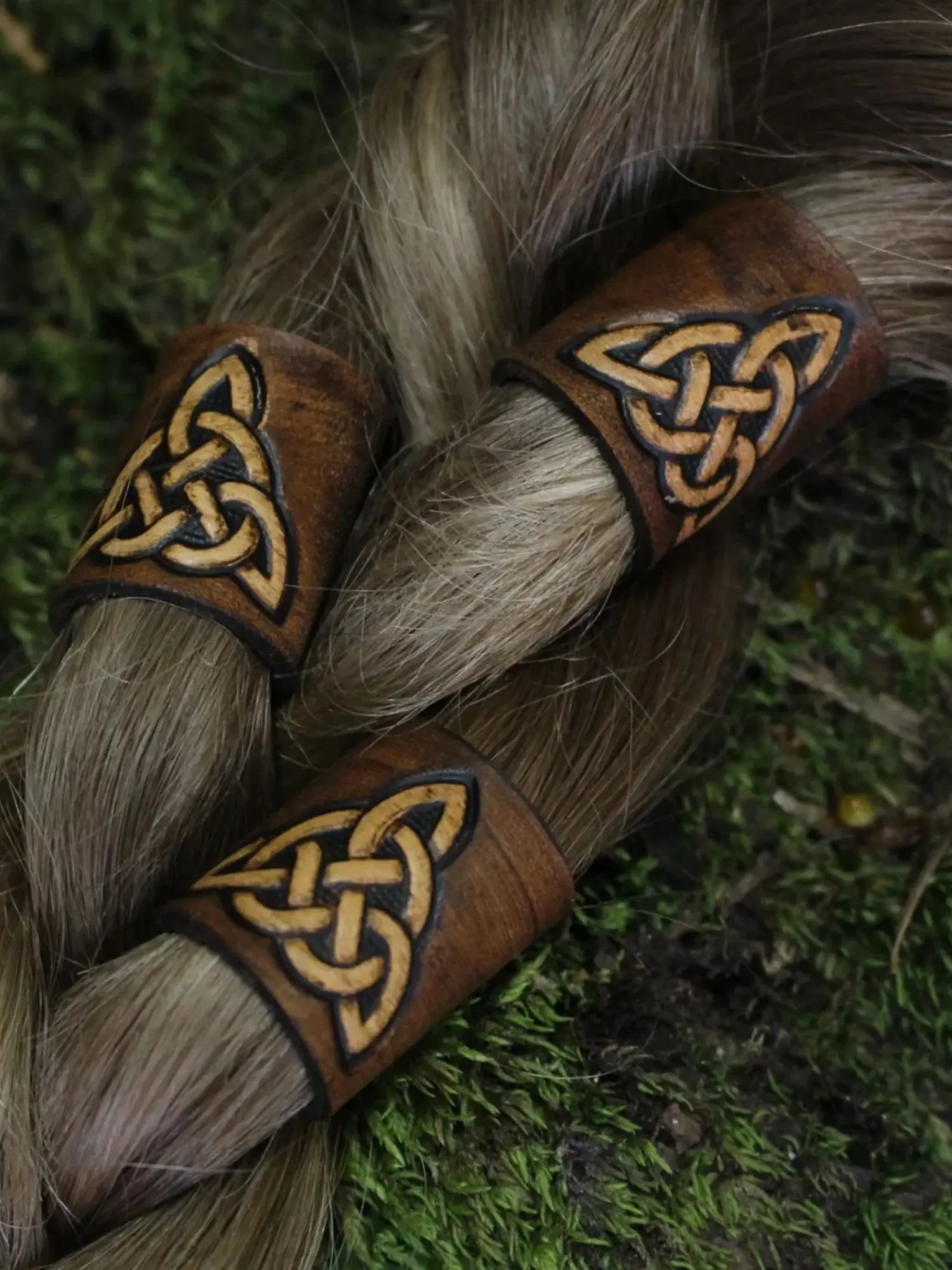 Mittelalterlicher Wikinger-Rittergürtel, Zubehör, Renaissance-Gürtel aus keltischem Leder mit Haar-/Bartperlen – Detail 4