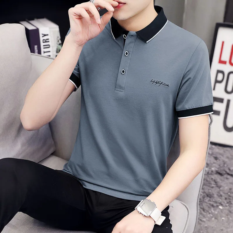 

Business Casual Letter Embroidery Polo Shirts Men's Clothing Stylish Contrasting Colors Spliced Summer Turn-down Collar T-shirts