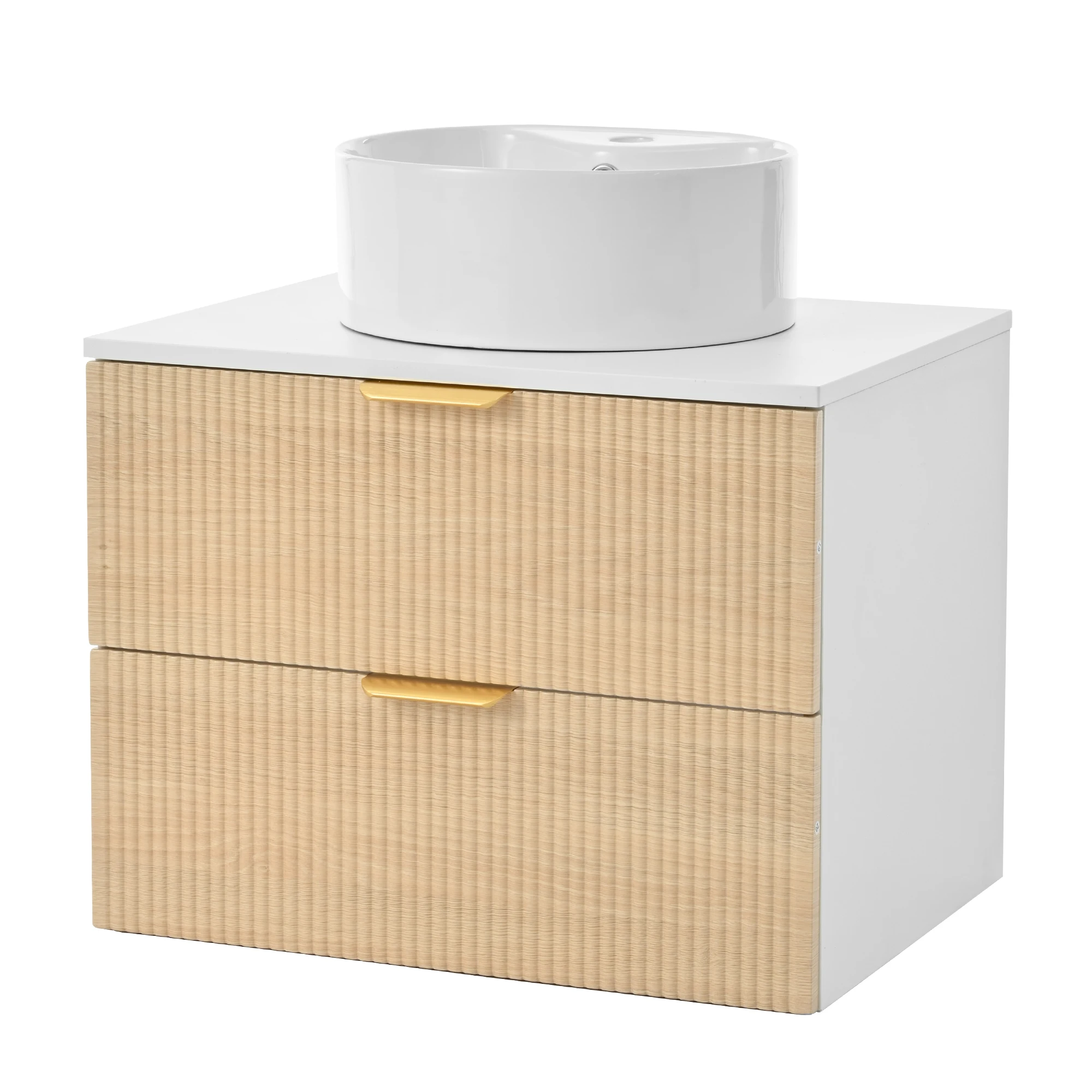 60 cm großer wandmontierter Badezimmerschrank mit rundem Keramikwaschbecken, Holzoptik-Schubladenfronten und 2 Schubladen für viel Stauraum. – Detail 20