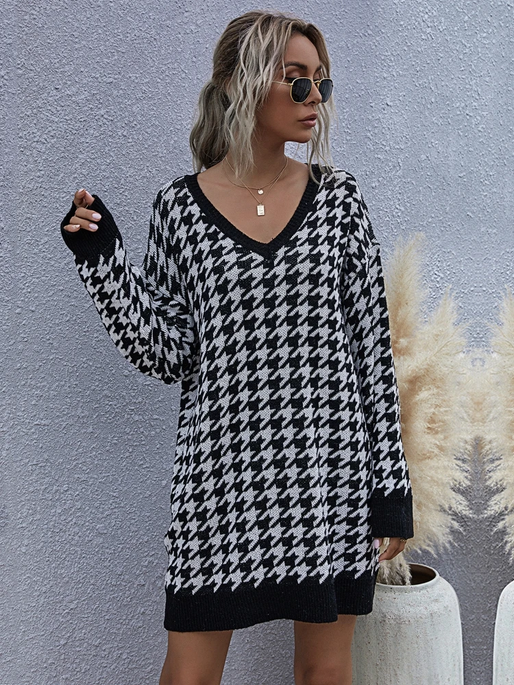 Houndstooth Jumper Sweater Dress Women Autumn Winter Fashion Knitted  Pullovers Medium Long Sexy V Neck Ladies Dress 2022 New - AliExpress