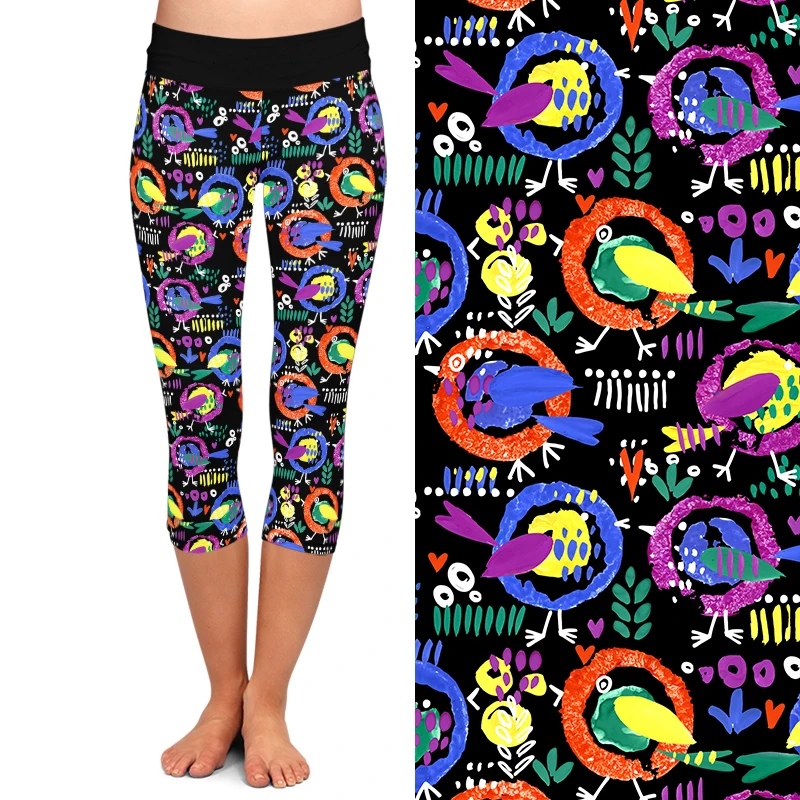 LETSFIND Leggings Women Hand-painted Cartoon Bird Print Capri Leggins New High Waist Sexy Stretch Mid-Calf 3/4 Pants