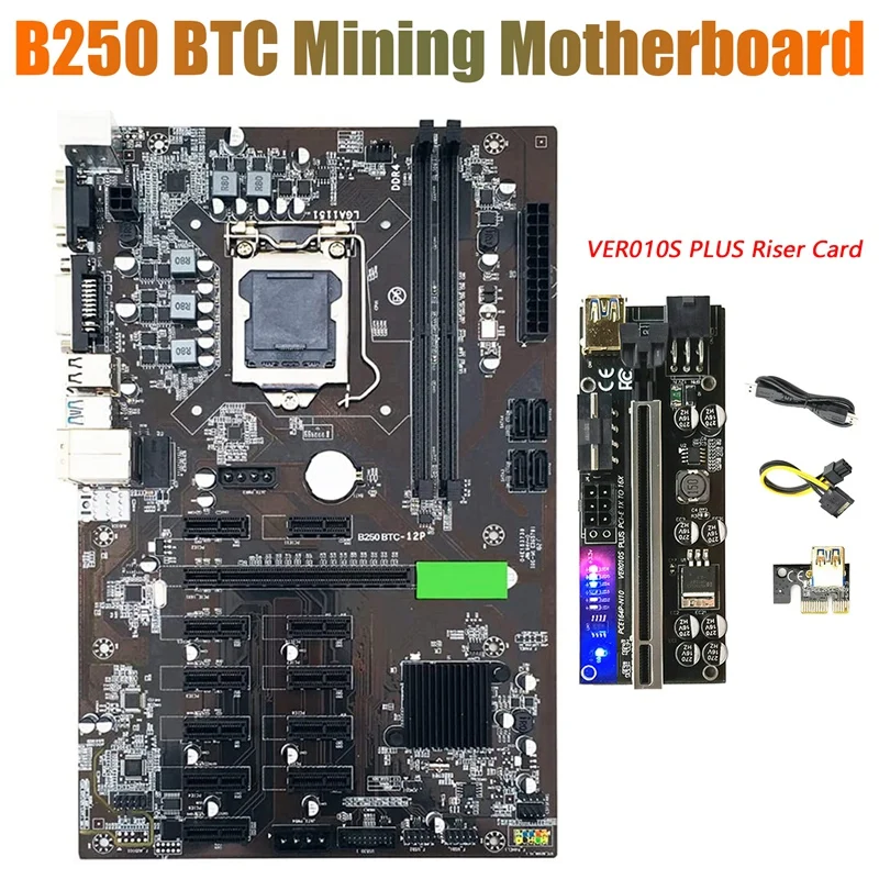 

BTC B250 Mining Motherboard With VER010S PLUS Riser 12Xgraphics Card Slot LGA 1151 DDR4 USB3.0 For BTC Miner Mining