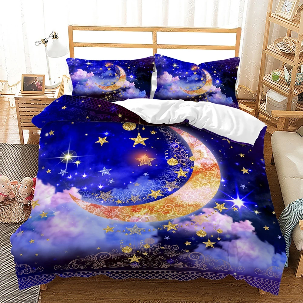 

Exotic Stars and Moon Duvet Cover King Queen Religious Themed Quilt Cover Muslim Believer Bedding Set for Ramadan Festival Decor