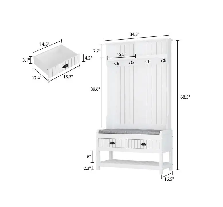 Wide Hall Tree with Cushion Bench Shoe Storage Includes Two Display Cubbies and A Coat Rack with 4 Hooks Hall Trees Shoe Bench