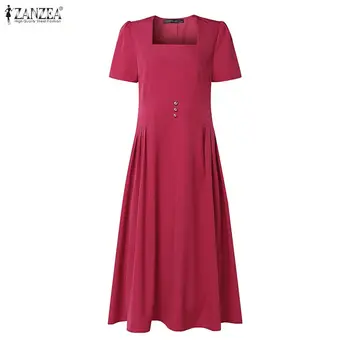 ZANZEA 2026 Summer Office Work Midi Dresses Women Elegant Square Neck Short Sleeve Sundress Stylish Solid A Line Party Dress 1