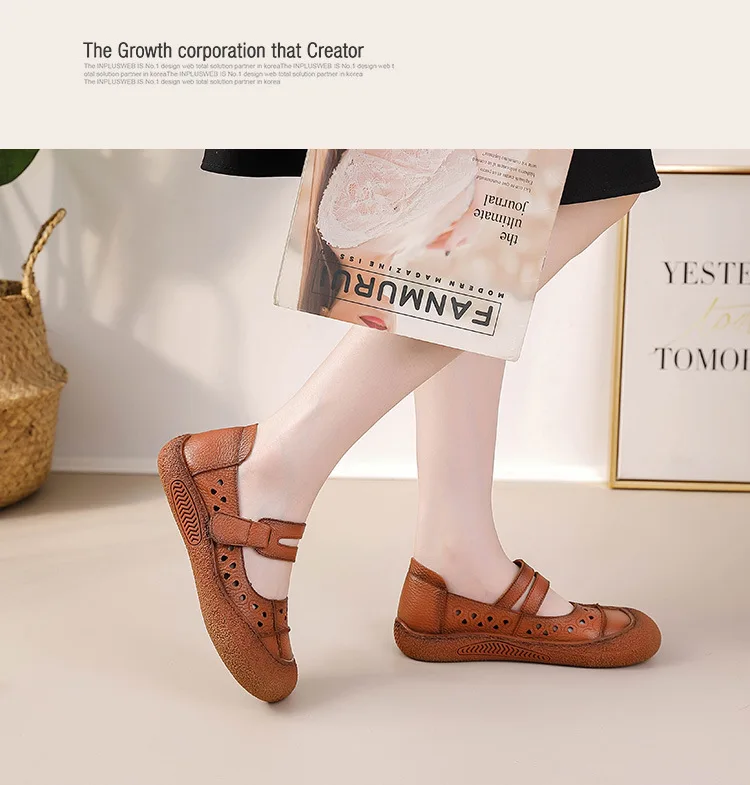 Neue V-Schnitt-Rindslederschuhe für Damen, luxuriöse Ballerinas mit breiter Zehenpartie, Damen-Vintage-Slip-on-Römerschuh, hochwertige Markenmokassins – Detail 5