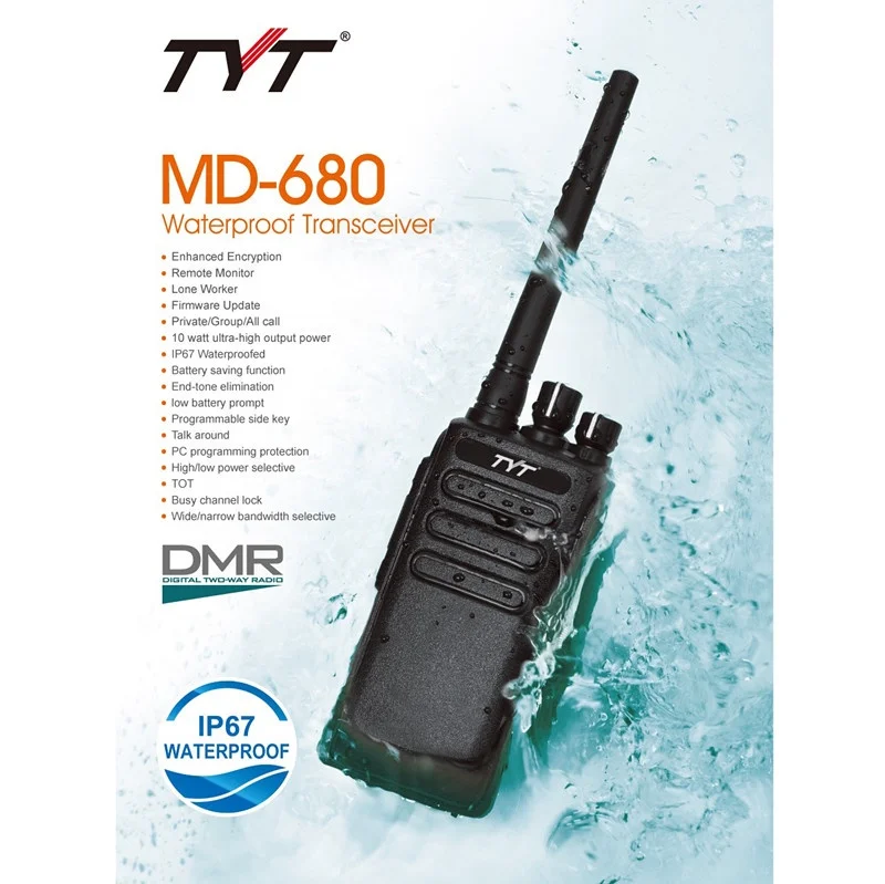 DMR TYT MD-680 ip67 waterproof 10W walkie talkie long range TIER I tier II digital handheld walkie talkie