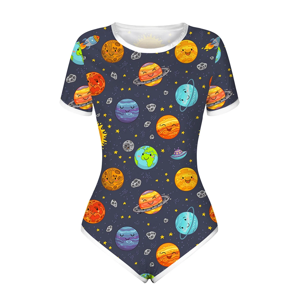 Women Bodysuit Sleep Wear Set Women Jumpsuit Floral Print Pajama Romper Women Summer Casual Slim Rompers Adults Cartoon Print Short Sleeve Round Neck High Waist Playsuits Home Sleepwear