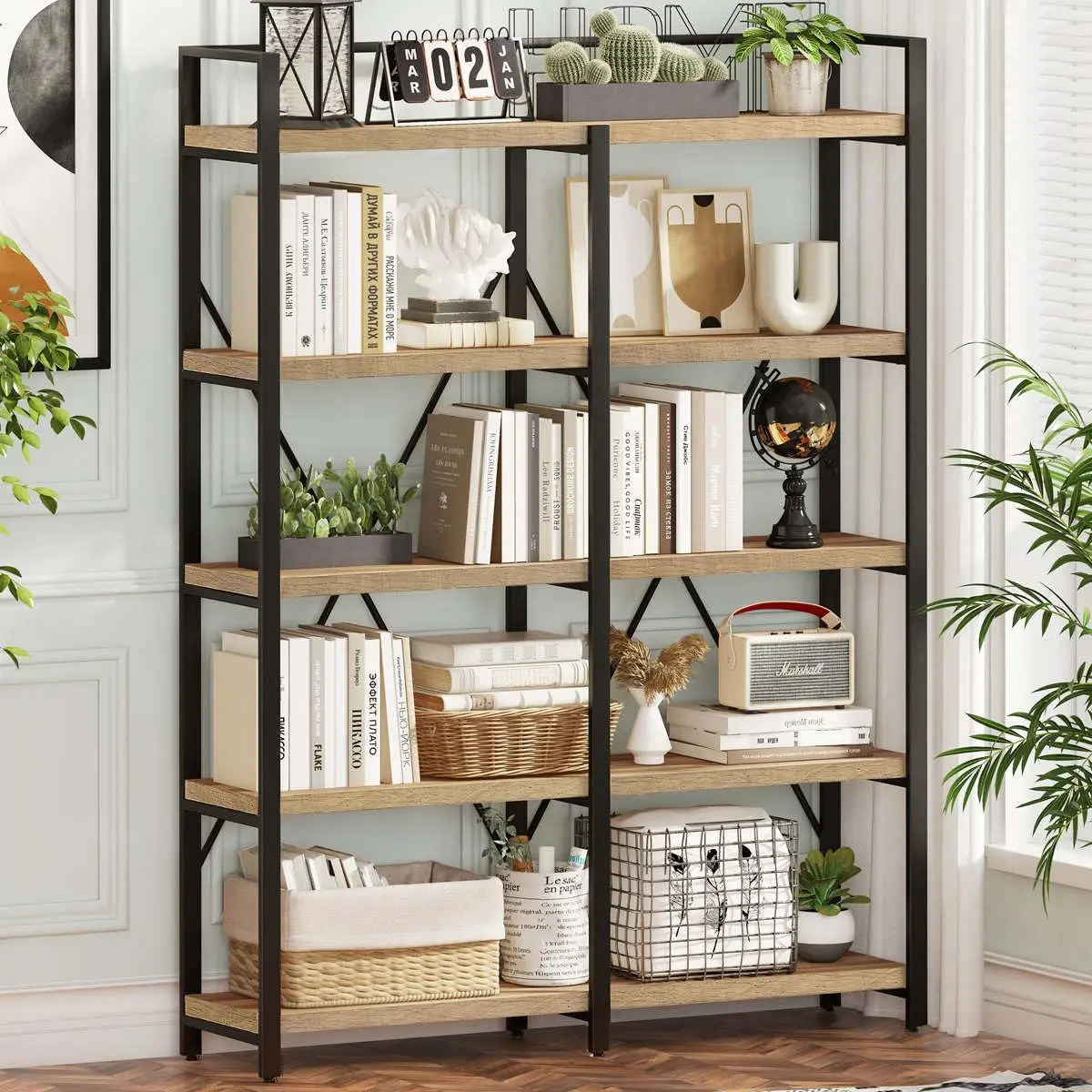 

FATORRI Bookshelf, Industrial 5 Tier, Rustic Wood Etagere Bookcase, Metal Tall Book Shelf with Large Open Shelving Unit