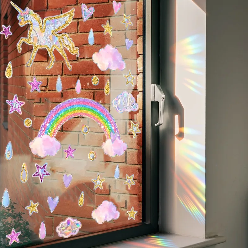 New Rainbow Dandelion Daisy Butterfly Lotus Mermaid Sunlight Double Sided Static Window Stickers for Home Decoration