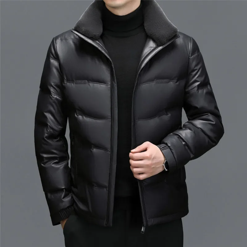 Middle aged men's new winter leather down jacket, thickened and warm leather jacket, casual jacket for men winter fur collar leather jacket men s button pu leather men large size loose plus velvet thick men s leather jacket coats
