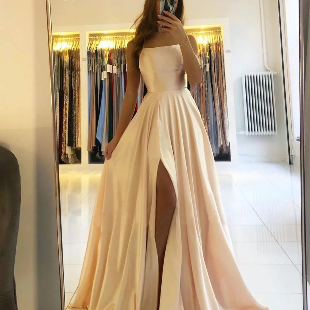 Prom Dress Spandex Satin Slit Side A-LINE Scoop Stretch Slip Satin High Split Long Simple Evening Party for Women women prom dresses